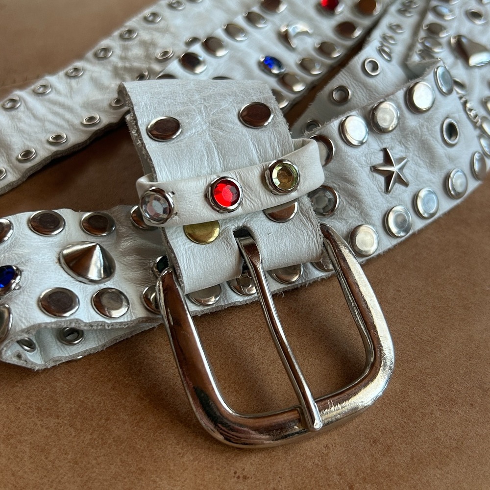 Y2K White Leather Studded Belt Womens S M Celestial Rhinestone Punk Western